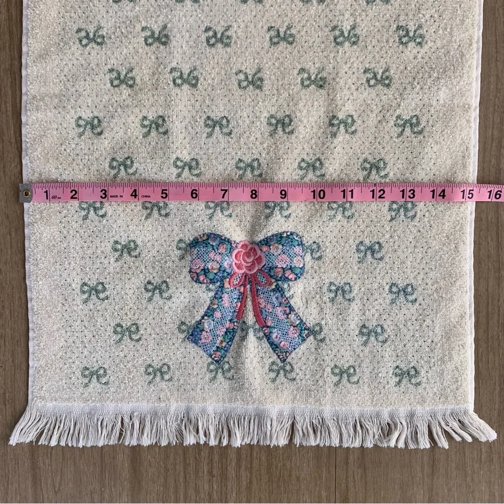 Vintage Hand Towel Bow Appliqué With Fringe Cream Pink And Blue 80s 90s Granny